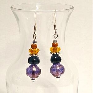 Purple, Blue and Yellow Glass Beaded Earrings